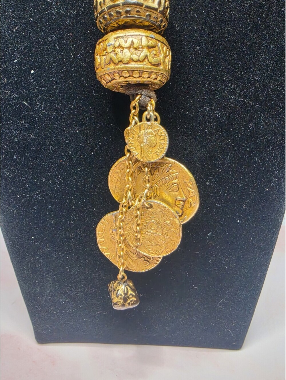 Vintage Gold Tone Ancient Greek Roman Coil Owl Pendant Cord Necklace 36"
